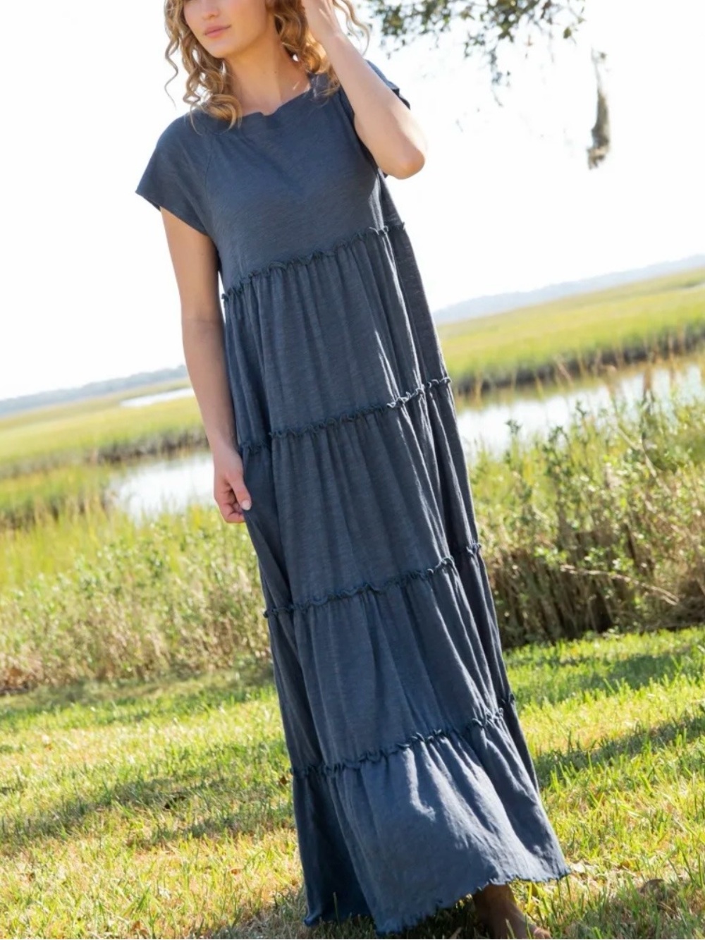 Natural Life Berkley Knit Maxi Dress Indigo Tiered Boho Cottagecore Size Large
